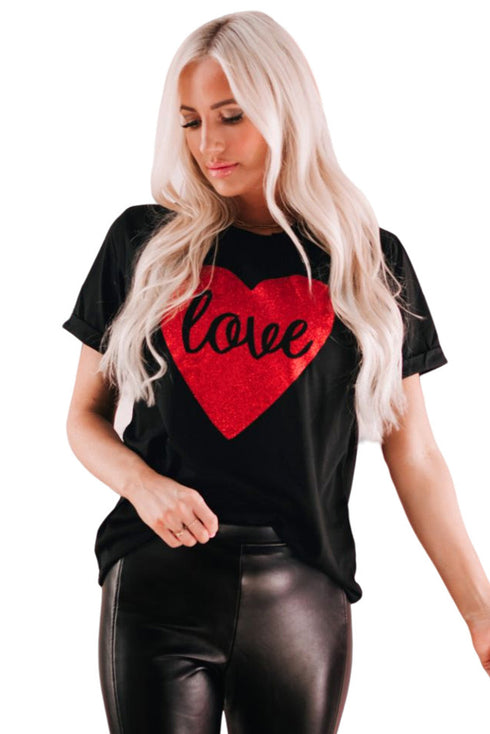 Black Love Heart Shaped Glitter Print Short Sleeve T Shirt